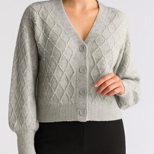 DR2 Embellished Gray Cardigan Sweater – Size XL – Faux Pearl & Rhinestone Detail